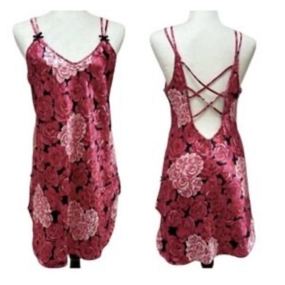 Vintage Private Luxury Rose-Print Lace-Up Back Satin Slip Chemise Women’s M